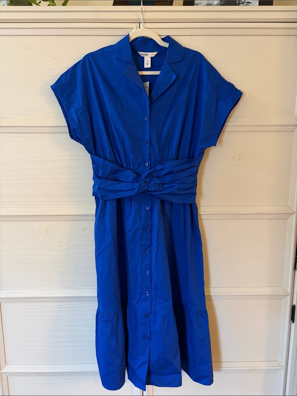 White House Black Market Royal Blue Button-Front Midi Dress with Waist Tie